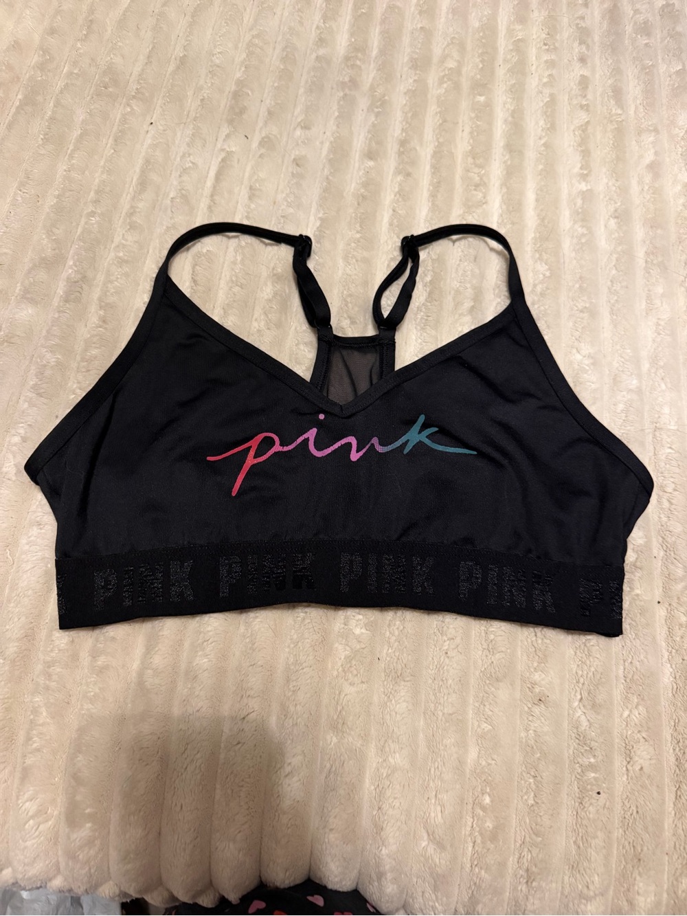 PINK Victoria's Secret Black Sports Bra with Pink and Teal Logo